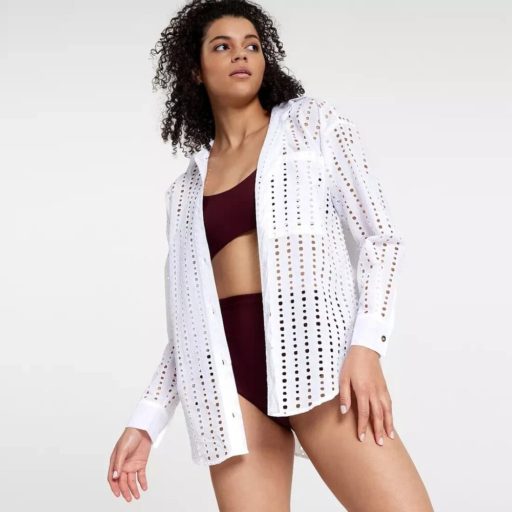 CALIA Women's Oversized Long Sleeve Button Down Swim Cover Up White Size XXS - Picture 6 of 7